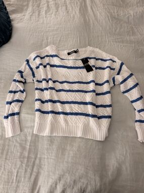 Lauren Ralph Lauren NWT Blue White Striped Pointelle Knit Sweater Size L $195